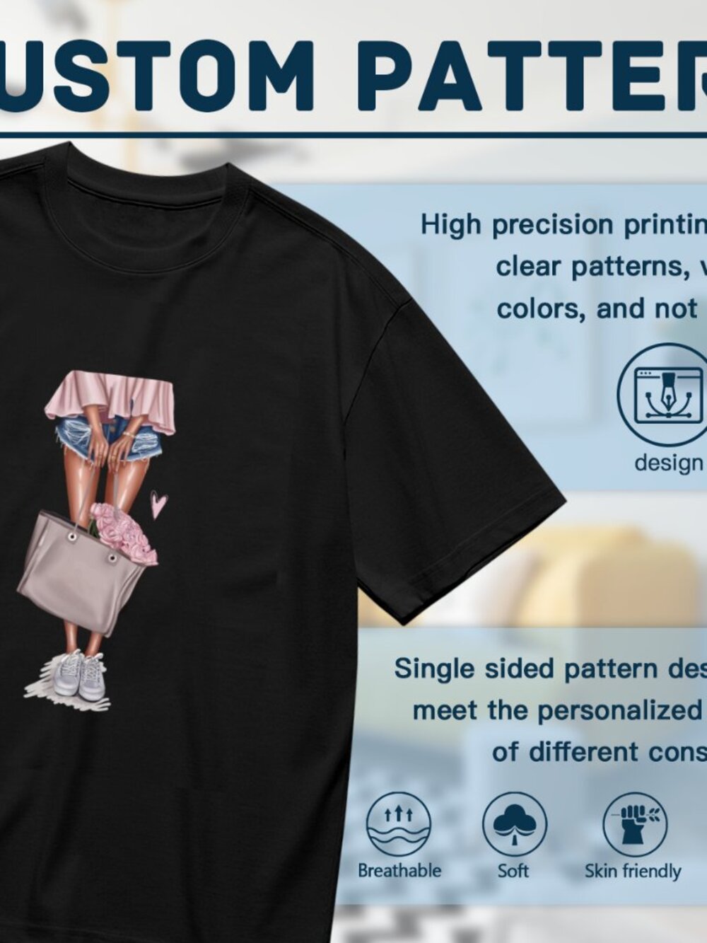 Black Graphic Tee with Pink Accent - Casual Short Sleeve Shirt - Picture 2 of 5